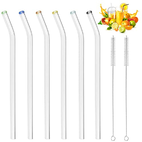 Glas-Strohhalme mit bunten Spitzen, handgefertigt, gebogen - 6er Set mit Bürste - Glas-Trinkhalme aus Laborglas, ideal für Cocktail, Smoothie etc - 21,5 cm x 10 mm