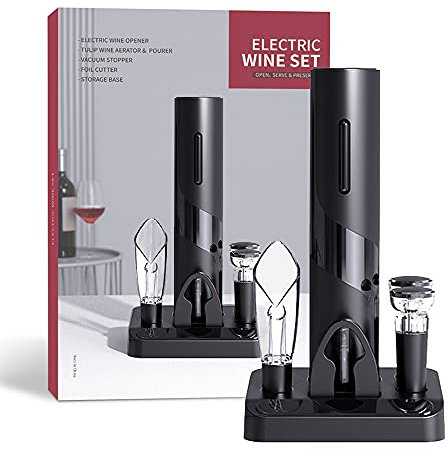 【Holiday gift】Electric Wine Bottle Opener,Powered Cork Remover Gift Set,Portable Automatic Corkscrew, Battery-Powered, with Pouring Decanter,Vacuum Stopper*2,Tin foil Cutter,Comes with Base,Black-Suit