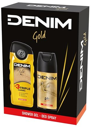 Denim - Regalo Uomo, Docciaschiuma 250 ml e Deodorante Spray 150 ml, Fragranza Gold, Azione Detox e Purificante