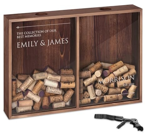 Murrano Customised Cork & Bottle Caps Collector for Couples, Memories | Mounted Wooden Box with a Transparent lid, for Pairs, Personalised Wedding Gift