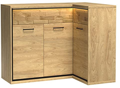 Mirjan24 Eckkommode Berspe BP15K, Kommode, Mehrzweckschrank, Anrichte für Diele und Flur, Esszimmerkommmode, Gedämpftem Schließsystem, Seite: Links (Hikora Natur + Holzdekor, mit LED Beleuchtung)