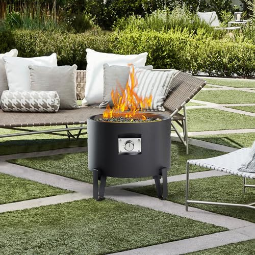 BAIDE HOME Hoguera portátil de propano para Camping, Caravana, 50,000 BTU, Redonda, 15 Pulgadas de Alto x 16 Pulgadas de Ancho, Chimenea de Gas portátil con Tapa, Rocas de Vidrio y Resistente a la