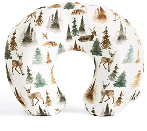 GRSSDER Stillkissenbezug dehnbar, Minky, abnehmbare Stillbezüge für Stillkissen, ultraweicher, bequemer Schonbezug für Baby, Jungen und Mädchen, stilvolle Aquarellfarbe, Wald, Hirsch und Blätter