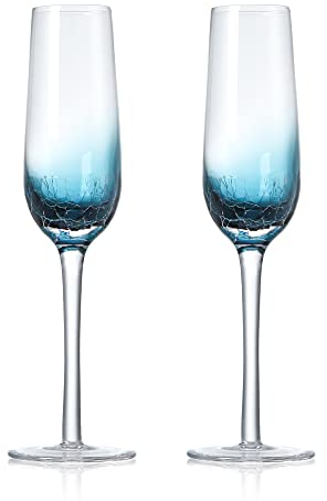 Bicchieri Calice Flute Champagne Vetro | Set di 2 | 200 ML | Fatto a Mano Calici da Spumante | Collezione Crepe di Ghiaccio Blu | Ideale per Casa Ristorante Feste e Ricevimenti Matrimonio Regali