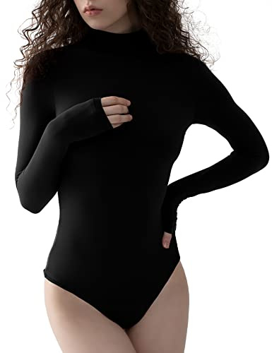 PUMIEY Bodysuit for Women Long Sleeve Mock Turtle Neck Body Suits T-shirt Tops, Jet Black Meduim
