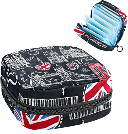 Aufbewahrungstasche für Damenbinden, Menstruationstassen-Tasche, Perioden-Tasche, Organizer für weibliche Pads, Tampons, England-London-Symbole, Schwarz