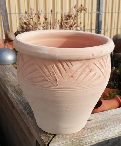 Generisch Rustikal handgefertigter weißgrauer bis rötlicher Blumentopf aus Terrakotta Terrcotta Garten Deko Mediterran Vintage Landhaus