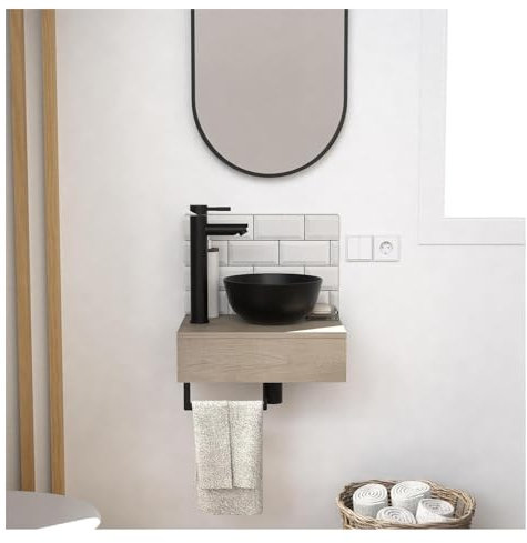 MOB-IN Meuble Lave-Mains Soho Plan épais Vasque Noire + Robinet + Miroir