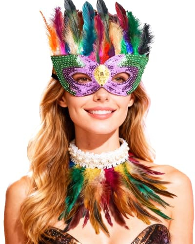 ITODA Feather Mask Scarf Sparkled Eyes Venetian Maskes Gothic Ball Party Cosplay Eye Cover Mardi Gras Half Face Mask Carnival Costume Maskes for Fancy Dress Halloween Costume Cosplay Party