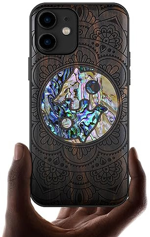 Carveit Coque Compatible avec iPhone 11 Étui en Bois Cover [Gravure en Bois et Incrustation de Coquille] Œuvre d'art Unique Case pour 11 Coque Premium (Bois Sombre-Coquille Yin Yang Loup)