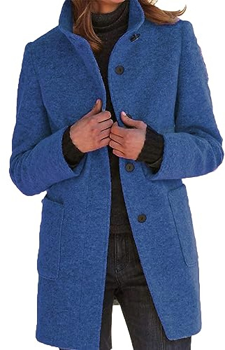 xxxiticat Manteau pour femmes en laine mélangée à col montant chaud, veste longue à boutonnage simple, trench-coat avec poches S-3XL, bleu, L