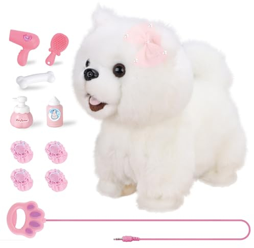 RuiDaXiang Elektronischer Plüschspielzeughund mit Fernbedienung und Leine,Realistischer interaktiver Welpenhund mit Zubehör,für 3-6 jährige Jungen und Mädchen