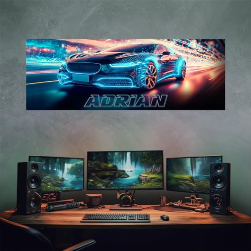 tjapalo® vz23 Gamerposter mit Namen personalisiert gaming Wanddeko gamer Bild für die Wand Wandbild gamer Poster Auto cyber Rennauto Bild, Größen Name: B140xH50cm