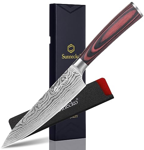 Sunnecko 14cm Küchenmesser Kochmesser Profi Messer - Klein Küchenmesser Edelstahl Fleischmesser mit Pakkaholz Griff Allzweckmesser Küche Scharf Klinge mit Geschenkbox