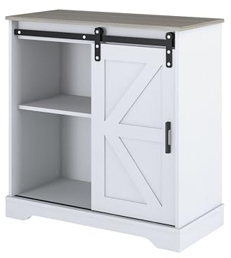 Panana Single Sliding Barn Door Buffet Storage Cabinet Home Bar Living Room Farmhouse Style Wooden Sideboard (White Cabinet Nature Top)