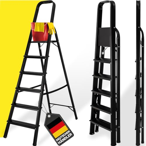 𝐂𝐑𝐀𝐅𝐓𝐅𝐔𝐋𝐋 Trittleiter CF-133A | 𝟑 𝐉𝐀𝐇𝐑𝐄 𝐆𝐀𝐑𝐀𝐍𝐓𝐈𝐄 - 2-6 Stufen Leiter - Klapptritt - Treppenleiter - Klappleiter - Haushaltsleiter - Stehleiter (6 Stufen BlackEdition)