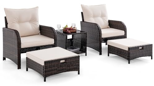 COSTWAY 5-teiliges Balkonmöbel Set, Gartenmöbel aus PE-Polyrattan, Balkonset inkl. 2 Stühle mit Kissen, Hocker & Tisch, Terrassenmöbel, Gartengarnitur, Sitzgruppe für Garten, Balkon, Terrasse