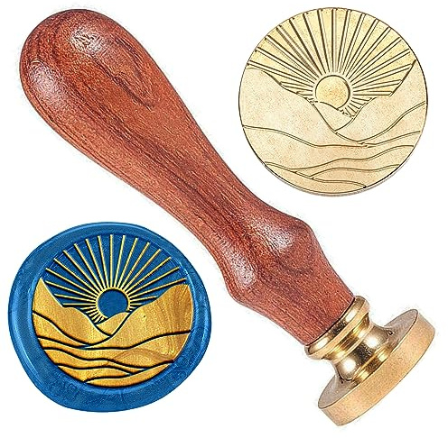 DELORIGIN Sonnenuntergang Wachs Siegelstempel 25mm Messing Wachssiegel Stempelkopf Mit Holzgriff Vintage Mountain Wachsstempel Für Einladungskarten Geschenkverpackungen Umschläge Weinpaket Dekoration