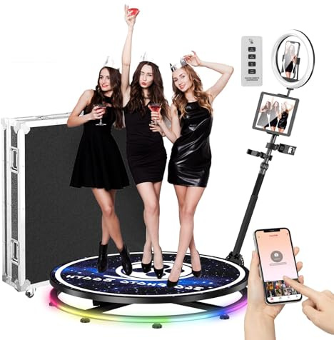 YCKJNB Photo Booth 360 mit Flightcase Ringlicht, Kostenlose Logo-Anpassung&VIP-Software, Automatische 360 Fotobox Selfie Photo Booth mit RGB Streifenlicht für Party Hochzeit Rental 3-4 Personen 80CM