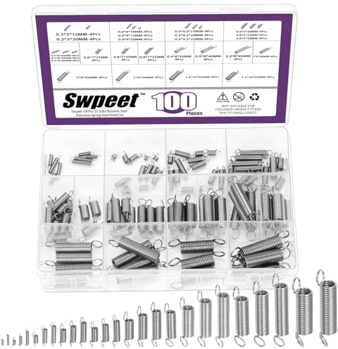 Swpeet - Kit di assortimento da 100 pezzi di molle di estensione in acciaio inossidabile di 25 dimensioni diverse con doppio gancio, molle di estensione meccaniche piccole per riparazioni domestiche