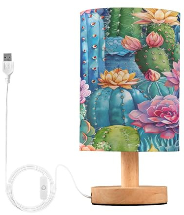 SKYSHU Lampe de chevet en forme de cactus - Petite lampe de bureau LED USB avec base en bois antidérapante et abat-jour agréable pour les yeux - Pour salon, chambre à coucher, dortoir, maison, bureau