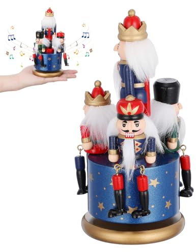 Nutcracker Music Box Hand-Painted Wooden Rotating Christmas Ornament – European Style Blue Music Box, Wind-Up Decorative Nutcracker Figurine for Home, Shelf & Kids Room Decoration