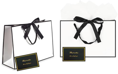 thirei 2 Pezzi Sacchetti Regalo di Carta con Nastro Fiocco, Sacchetti Regalo con Fiocco di Nastro, 28 x 20 x 10cm, Adatto per Compleanno, Festa, Celebrazione, Bianco con Cornice Nera