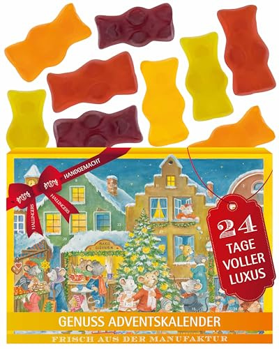 Hallingers Genuss Manufaktur Fruchtsaftbärchen Adventskalender - 48 extra große Fruchtgummi Bärchen handmade in wertigem Softfeel-Karton Mäuschen, Weihnachtskalender für Jungs Mädchen