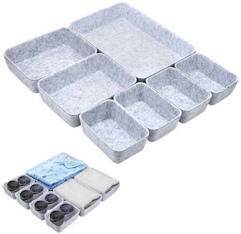 Hejo 7er Set Schubladen Organizer Filz, Schubladen Ordnungssystem, Verdicker Schubladeneinsatz, Filz Aufbewahrungsbox, Flexible Filzbox für Schlafzimmer Büro Wickelkommode (Hellgrau)