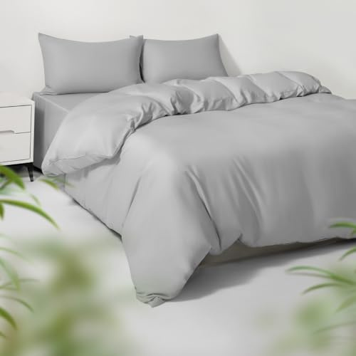 HOT SLEEPER SHEETS Full/Queen Duvet Cover Set, 100% Viscose Derived from Bamboo, 3 Pieces, 1 Zipper Closure Duvet Cover (90x90) and 2 Pillowcases (20x30) Cooling & Silky Soft (Light Grey)