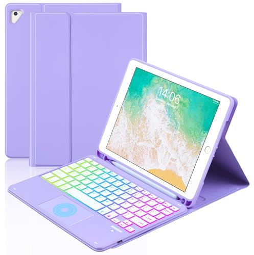 MePadKey Funda con teclado táctil para iPad 6ª 2018/5ª generación 2017 de 9.7 pulgadas, teclado de carga tipo C con retroiluminación de 7 colores con soporte para lápiz para iPad Air 2/Pro 9.7 (morado