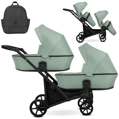 Kunert BRAV DUO Cochecito Gemelar 2 en 1 + Accesorios: Confort, Seguridad, Práctica, Diseño Elegante y Funcional, Versátil, Marco Aluminio (Menta/Marco Negro)