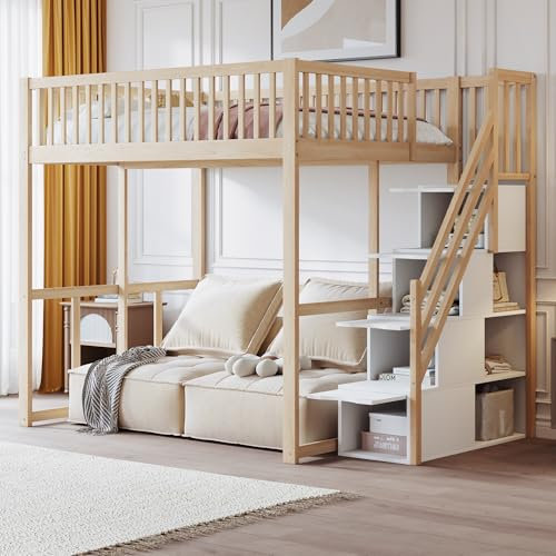 Dolamaní Hochbett 140x200 cm Einzelbett für Kinder und Jugendliche, Jugendbett Kinderbett mit Lattenrost und Treppe, Bett aus Kiefern Holz, Hoch 180 cm mit Rausfallschutz (Weiß+Natürliche B)