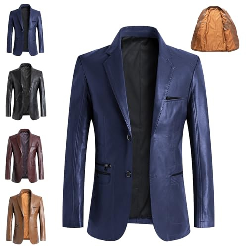 WINDEHAO Blazer de cuero para hombre, piel de cordero real, casual, con solapa, 2 botones, chaqueta delgada para motociclista, chaqueta inteligente para motociclista, azul marino, L