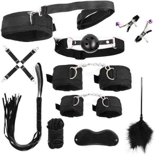 YIBINKG Classic Black Color 10 Pieces Sturdy Nylon Material BDSM Bondage Sets Bdsms Kit Bondagewear Women Exercise Kit, Suitable for Both Men and Women (Black)