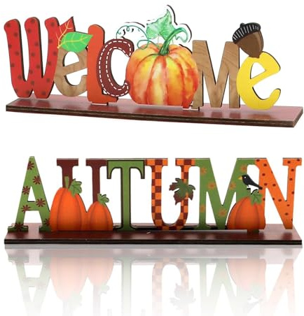 ZPLASK 2PCS Autumn Decorations, Wooden Fall Signs Autumn Decor, Table Centerpieces Pumpkin Party This Way Sign Festival, Letter Autumn Woods for Home Office Harvest Thanksgiving Party