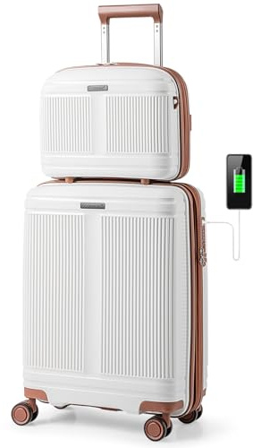 COSTWAY 2 TLG. Gepäckset, 20 Handgepäck Koffer + 14 Kosmetikkoffer, Reisekoffer erweiterbar mit TSA-Schloss, USB-Anschluss, Hartschalengepäck Rollgepäck Set mit Rollen (Weiß)