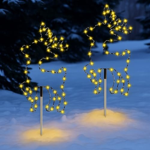 Fiada 2 LED Rentier LED Hirsch Weihnachten Gartenstecker Metall Beleuchtete Rentier Außen mit Timer Weihnachtsbeleuchtung Gartendeko Weihnachtsdeko Garten Leuchtstäbe