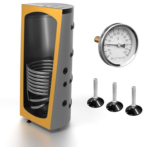 SUNEX® Pufferspeicher FISH S5 200l mit 1 Wärmetauscher | Stehend | Solaranbindung möglich | Heizungsanlage mit Festbrennstoff, Gas, Öl, Wärmepumpe | 95 °C | PUR-Dämmung | Ø607×1306 mm