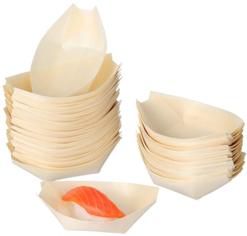 TEHAUX Mini Sushi Wooden Boat Tray 50 Pcs Eco-Friendly Food Serving Tray for Appetizers & Sushi, 3.35 Inch Snack Containers for Catering Wedding, Hawaiian Party