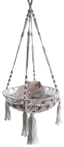 Generisch Macrame Katzen Hängematte - Makramee Hängesessel Im Boho Stil - Geflochtener Baumwollnetzkorb Als Kletterplatz Für Haustiere Am Schreibtisch Oder Draußen