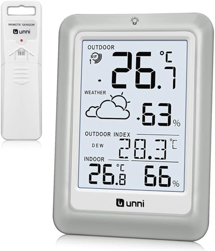 Indoor Outdoor Thermometer Wireless Weather Station with 100m Range Remote Sensor and Backlight Display (White Grey)
