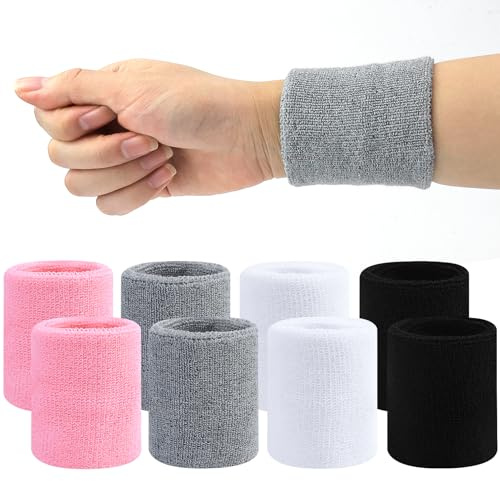 CARANNACLTD 8 Stück Schweißbänder, Schweißband Handgelenk, Fitnessarmband aus Weicher Baumwolle für Tennis, Handball und Laufen, Schwarz, Grau, Weiß und Pink, Größe 8 x 8 cm