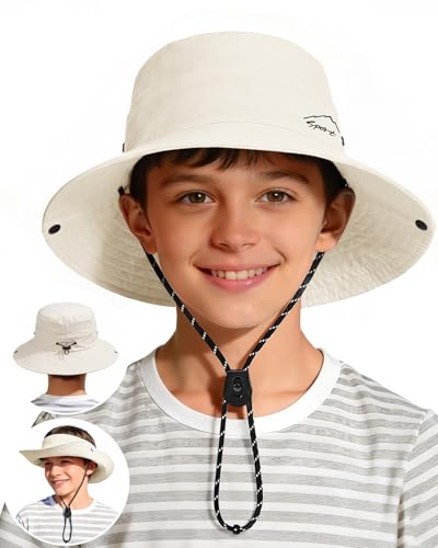 2-in-1 Kids Sun Visor Hat,UPF 50+ Waterproof Adjustable Bucket Hat for Outdoor Beach Hiking Fishing Camping Safari Casual Beige One Size