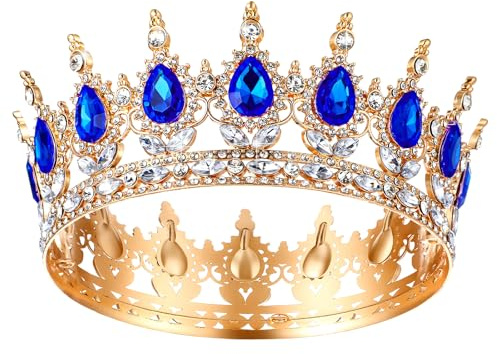 Grevosea Crown for Women, Queen Crown Tiara Rhinestone Birthday Crowns Wedding Bridal Hair Accessories for Princess Party Photo Props (Gold Blue)
