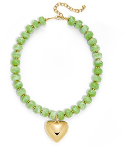 ENSKEFEN Puffy Gold Heart Pendant Necklaces for Women Boho Green Resin Acrylic Beaded Necklace Chunky Bead Choker Necklace Summer Fashion Jewelry