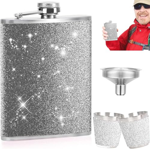 Ruayia 8oz/240ml Edelstahl Flachmann Freundin Silber Glitzer mit 2 Stück Schnapsglas, Tragbar Silber Flachmann für Männer und Frauen für Whiskey & Rum & Wodka, für Reisen, Party, Camping