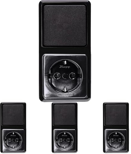 KOPP Aufputz-Programm Standard, schwarz, Kombination senkrecht, bestehend aus Universal (Wechsel-Schalter) und Steckdose, 16 A, 250 V, 108805000 (Packung mit 4)