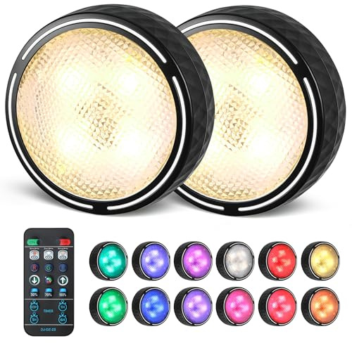 EZSION Puck Lights, Battery Operated Under Cabinet Lights, 2 Pack, Black | Push & Remote Control, Warm & Cool White & RGB Colour Changing, Stick on LED Lights for Kitchen, Cupboard, Counter, Shelf