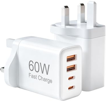 USB C Plug Fast Charger 60W 2pack, 4-Port USBC Fast Chargers UK Plug Dual Port PD Power Adapter QC Multi Mains Wall Charger Type C Charging Head for lPhone 17/16/15/14 13/12/11 Pro Max Plus XS XR SE